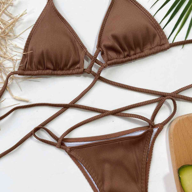 Chic Halter Neck Crisscross Ribbed Bikini Set - Textured Swimwear