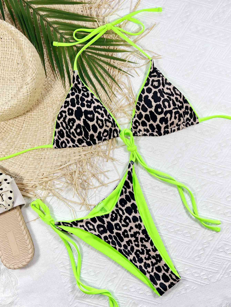 Chic Leopard Print Halter Neck Bikini Set with Tie Sides - Exotic Swimwear