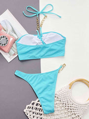 Elegant Halter Neck Two-Piece Bikini Set with Chain Accents