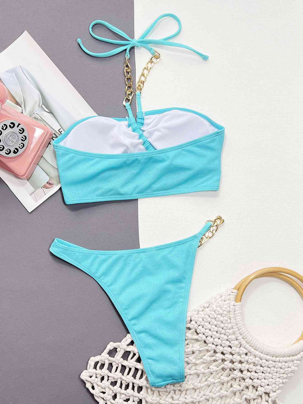 Elegant Halter Neck Two-Piece Bikini Set with Chain Accents