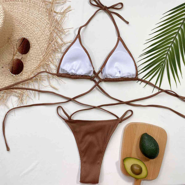 Chic Halter Neck Crisscross Ribbed Bikini Set - Textured Swimwear