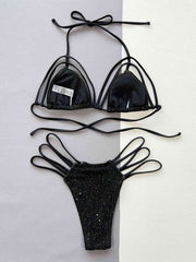 Sparkling Glitter Halter Neck Strappy Bikini Set - Dazzling Swimwear