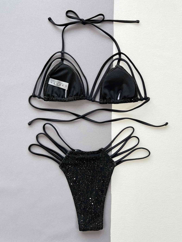 Sparkling Glitter Halter Neck Strappy Bikini Set - Dazzling Swimwear