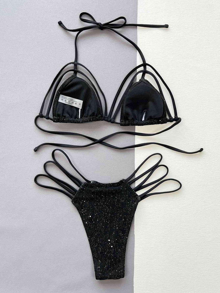 Sparkling Glitter Halter Neck Strappy Bikini Set - Dazzling Swimwear