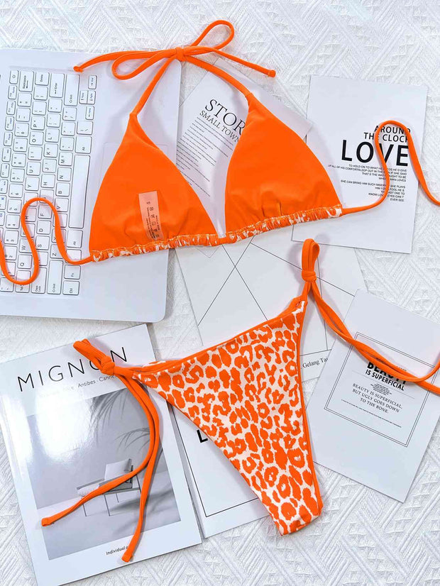 Chic Leopard Print Halter Neck Bikini Set with Tie Sides - Exotic Swimwear