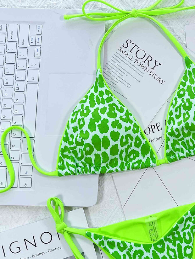 Chic Leopard Print Halter Neck Bikini Set with Tie Sides - Exotic Swimwear
