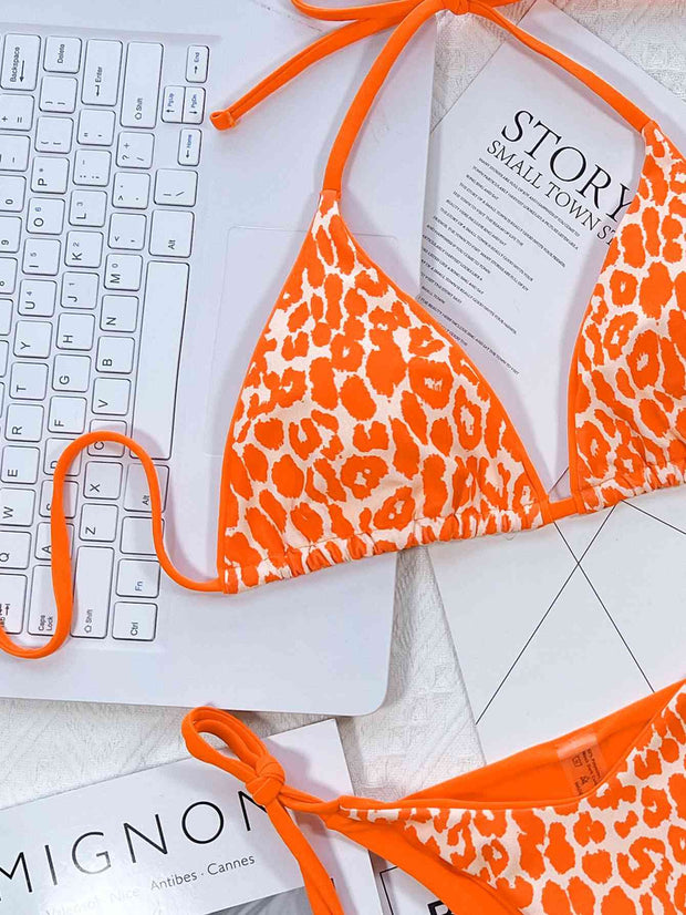 Chic Leopard Print Halter Neck Bikini Set with Tie Sides - Exotic Swimwear