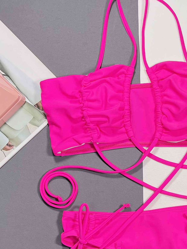 Stylish Halter Neck Bikini Set with Drawstring Detail - Trendy Swimwear