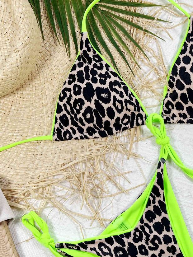 Chic Leopard Print Halter Neck Bikini Set with Tie Sides - Exotic Swimwear