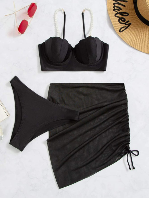 Chic Solid Color Shell Shape Bikini Three-Piece Sets for Women
