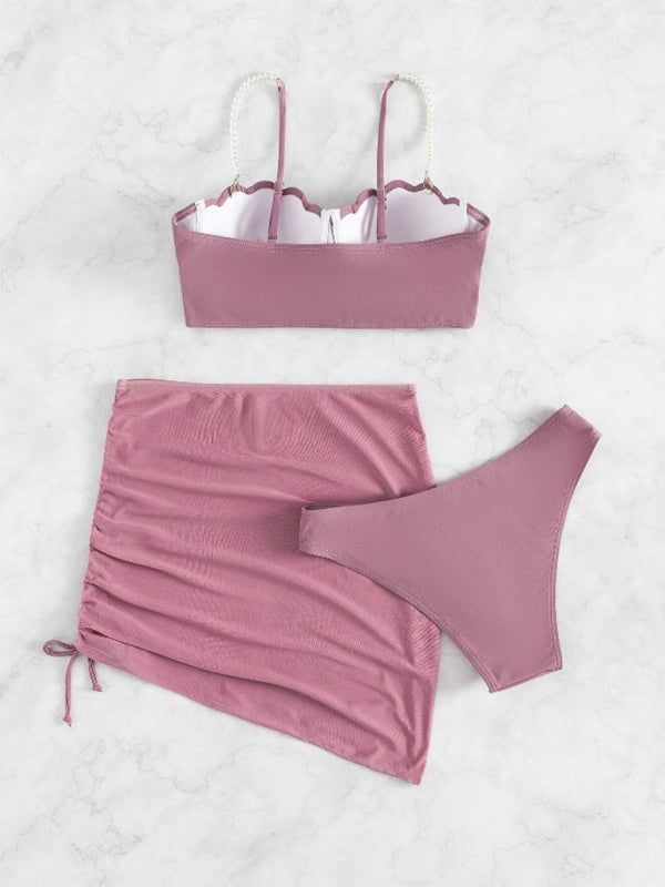 Chic Solid Color Shell Shape Bikini Three-Piece Sets for Women