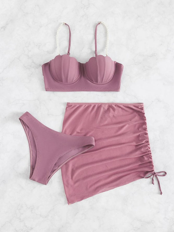 Chic Solid Color Shell Shape Bikini Three-Piece Sets for Women