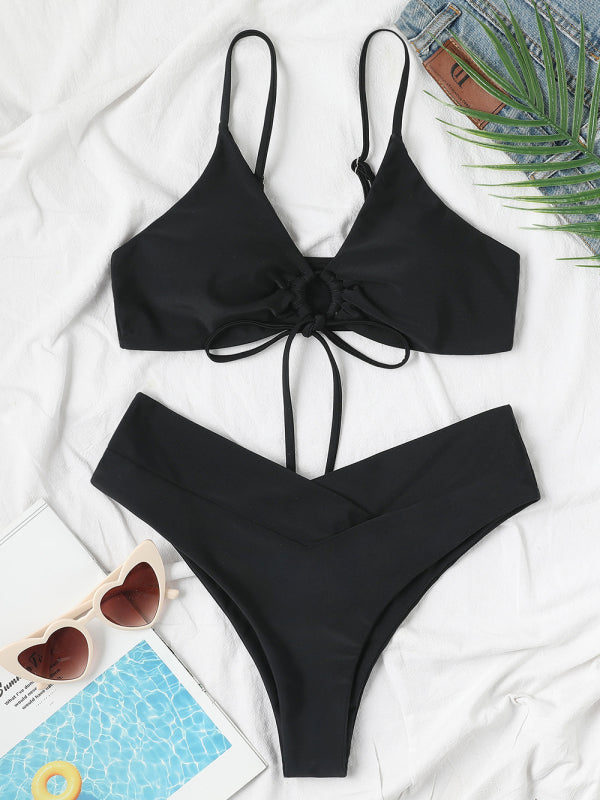 Chic Solid Color Drawstring Tie Bikini - Sexy Swimwear for Women