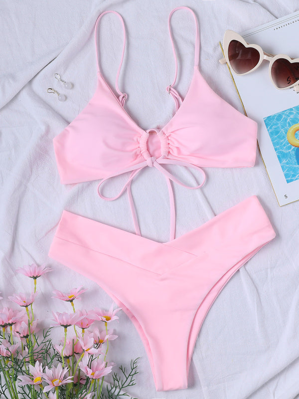 Chic Solid Color Drawstring Tie Bikini - Sexy Swimwear for Women
