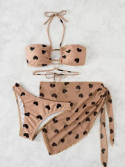 3 Pack Heart Print Halter Bikini & Beach Skirt Set for Women