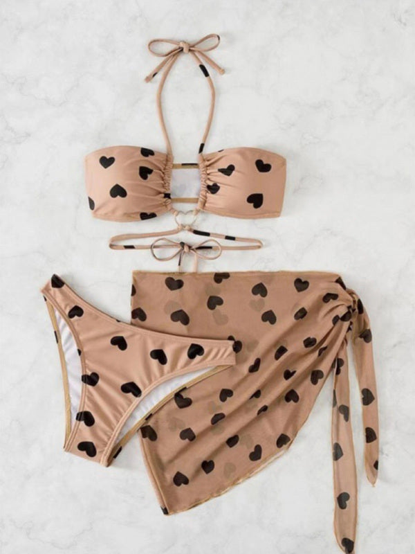 3 Pack Heart Print Halter Bikini & Beach Skirt Set for Women
