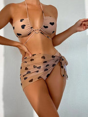 3 Pack Heart Print Halter Bikini & Beach Skirt Set for Women
