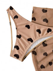 3 Pack Heart Print Halter Bikini & Beach Skirt Set for Women