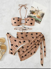 3 Pack Heart Print Halter Bikini & Beach Skirt Set for Women