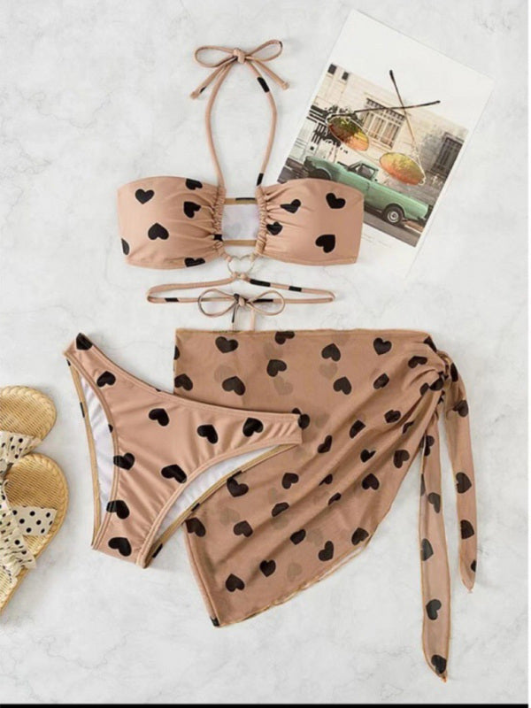 3 Pack Heart Print Halter Bikini & Beach Skirt Set for Women