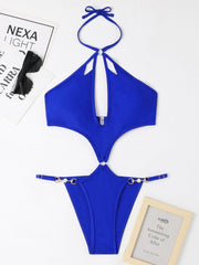 Sexy Multicolor Hollow One-Piece Swimsuit with Pearl Chain Halter Neck