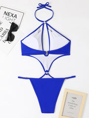 Sexy Multicolor Hollow One-Piece Swimsuit with Pearl Chain Halter Neck