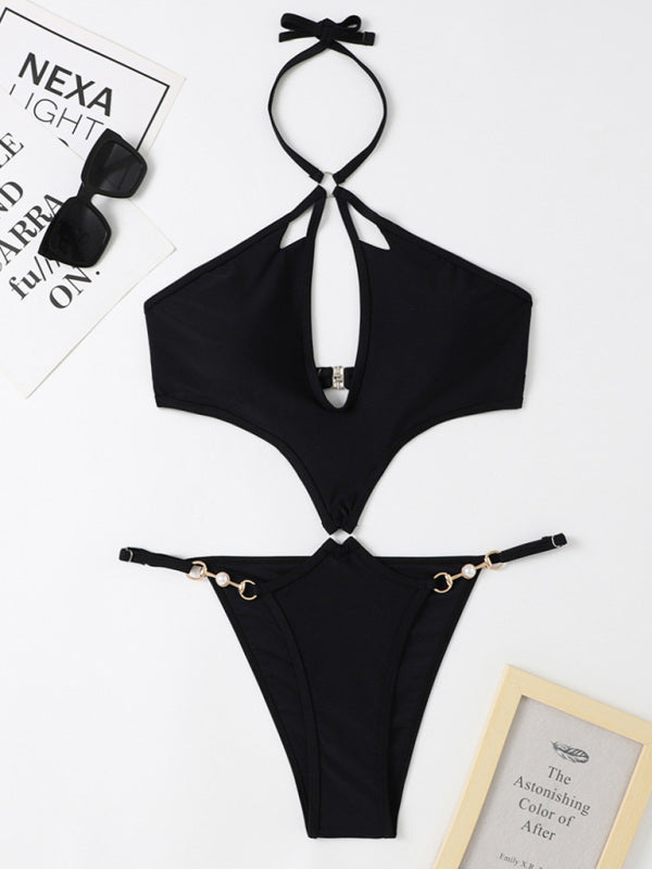 Sexy Multicolor Hollow One-Piece Swimsuit with Pearl Chain Halter Neck