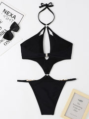 Sexy Multicolor Hollow One-Piece Swimsuit with Pearl Chain Halter Neck