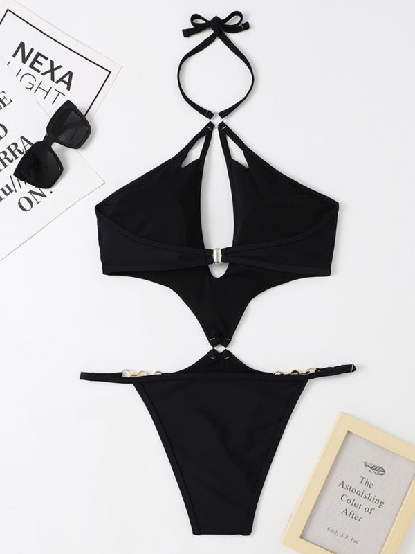 Sexy Multicolor Hollow One-Piece Swimsuit with Pearl Chain Halter Neck