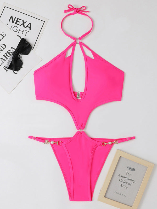 Sexy Multicolor Hollow One-Piece Swimsuit with Pearl Chain Halter Neck