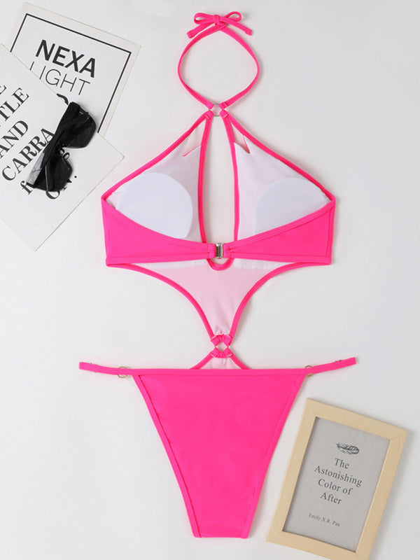 Sexy Multicolor Hollow One-Piece Swimsuit with Pearl Chain Halter Neck