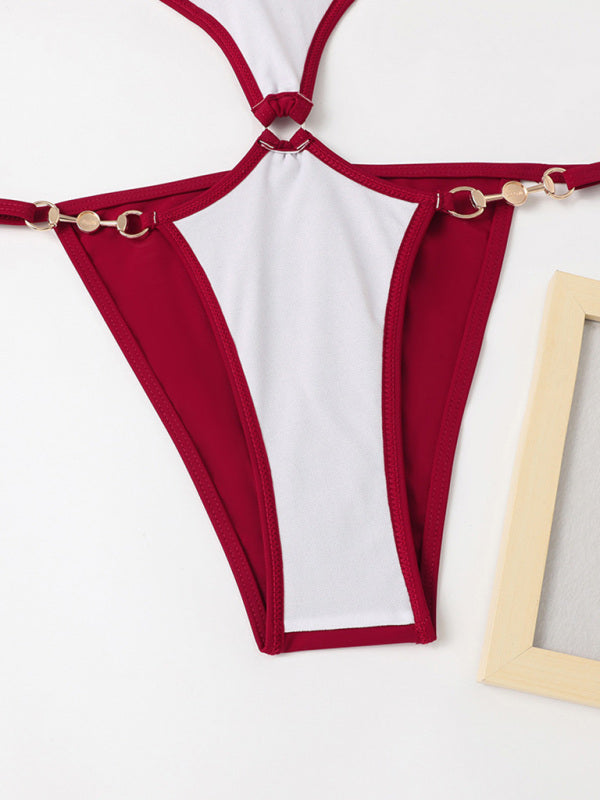 Sexy Multicolor Hollow One-Piece Swimsuit with Pearl Chain Halter Neck