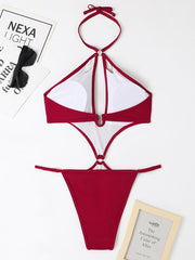 Sexy Multicolor Hollow One-Piece Swimsuit with Pearl Chain Halter Neck