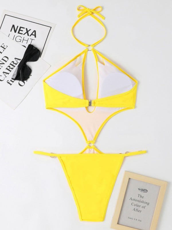 Sexy Multicolor Hollow One-Piece Swimsuit with Pearl Chain Halter Neck