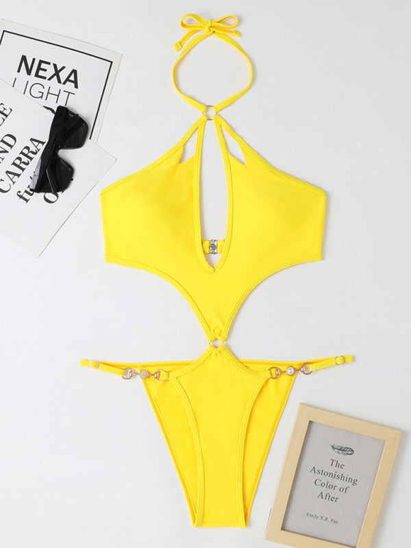 Sexy Multicolor Hollow One-Piece Swimsuit with Pearl Chain Halter Neck