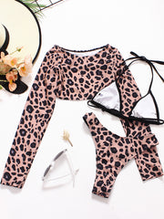 Sexy Leopard Print Three-Piece Swimsuit with Braided Rope & Long Sleeves