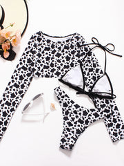 Sexy Leopard Print Three-Piece Swimsuit with Braided Rope & Long Sleeves