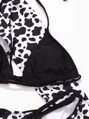 Sexy Leopard Print Three-Piece Swimsuit with Braided Rope & Long Sleeves