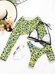 Sexy Leopard Print Three-Piece Swimsuit with Braided Rope & Long Sleeves