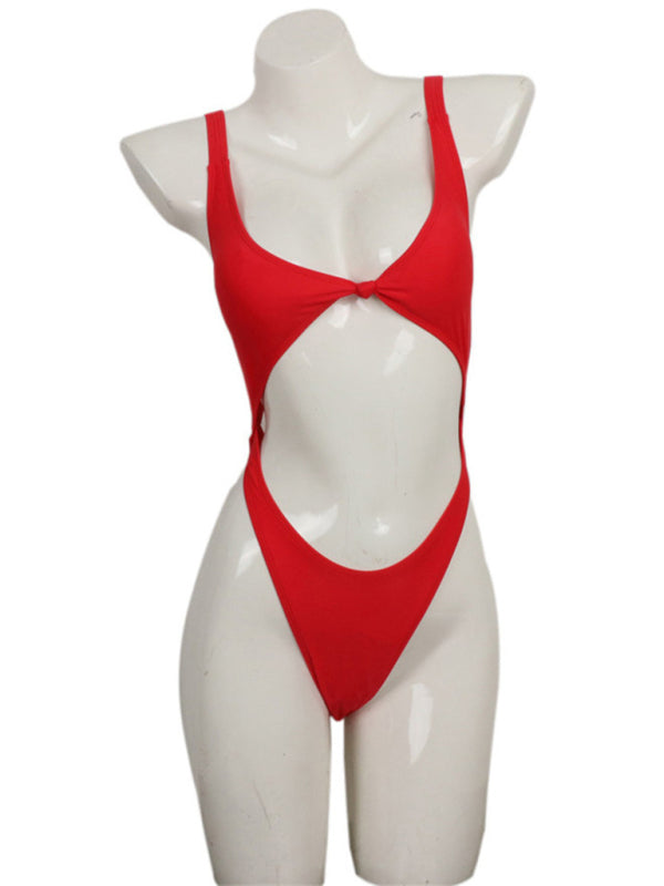 Elegant Solid Color Twisted Cutout One-Piece Swimsuit for Women