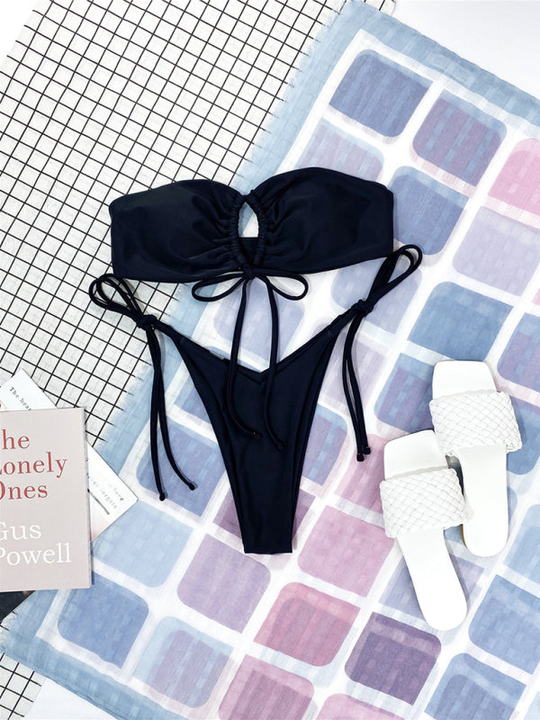 Strapless Solid Color Tube Top Bikini - Sexy Low Waist One-Piece