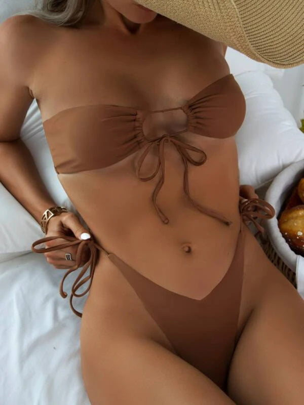 Strapless Solid Color Tube Top Bikini - Sexy Low Waist One-Piece