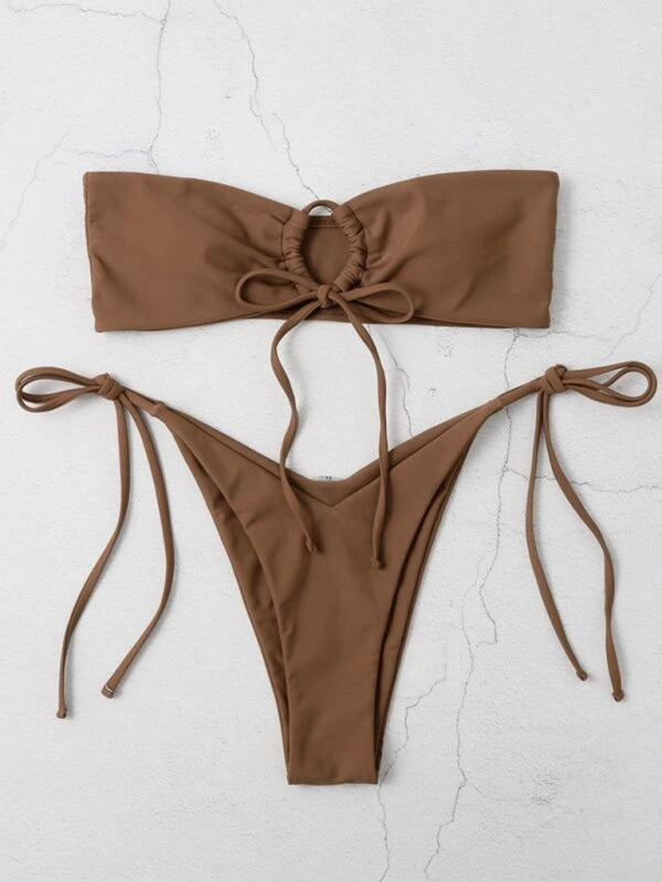 Strapless Solid Color Tube Top Bikini - Sexy Low Waist One-Piece