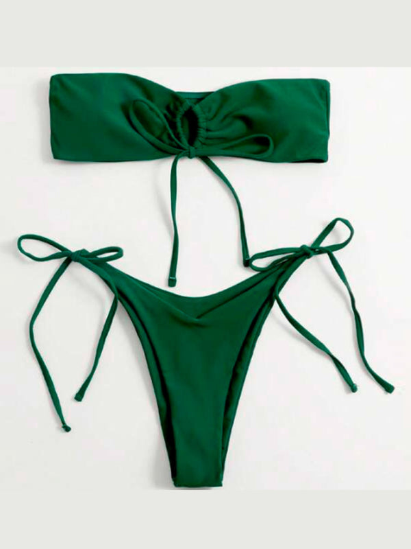 Strapless Solid Color Tube Top Bikini - Sexy Low Waist One-Piece