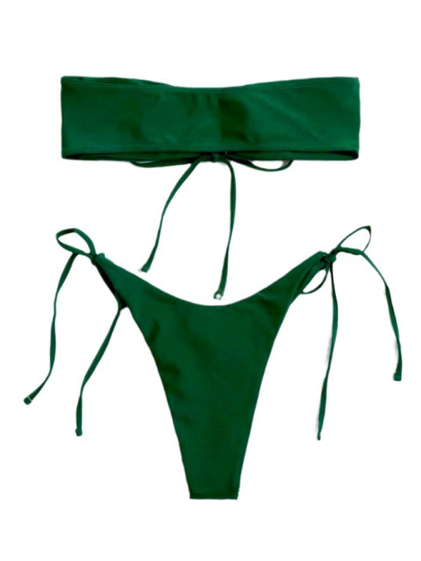Strapless Solid Color Tube Top Bikini - Sexy Low Waist One-Piece