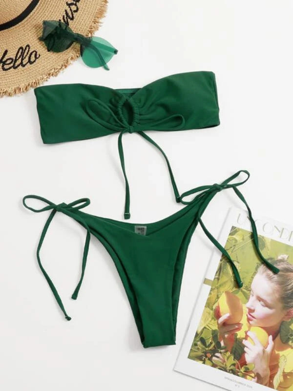 Strapless Solid Color Tube Top Bikini - Sexy Low Waist One-Piece