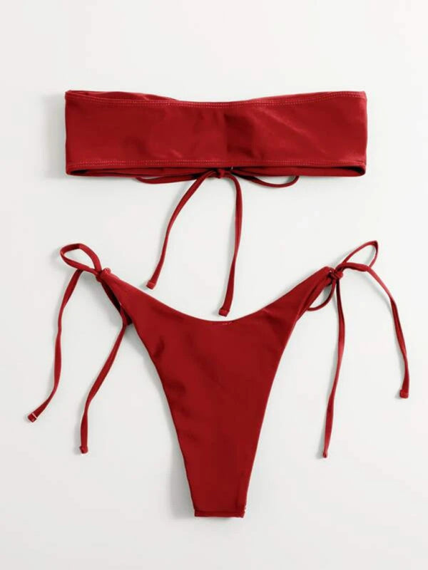 Strapless Solid Color Tube Top Bikini - Sexy Low Waist One-Piece